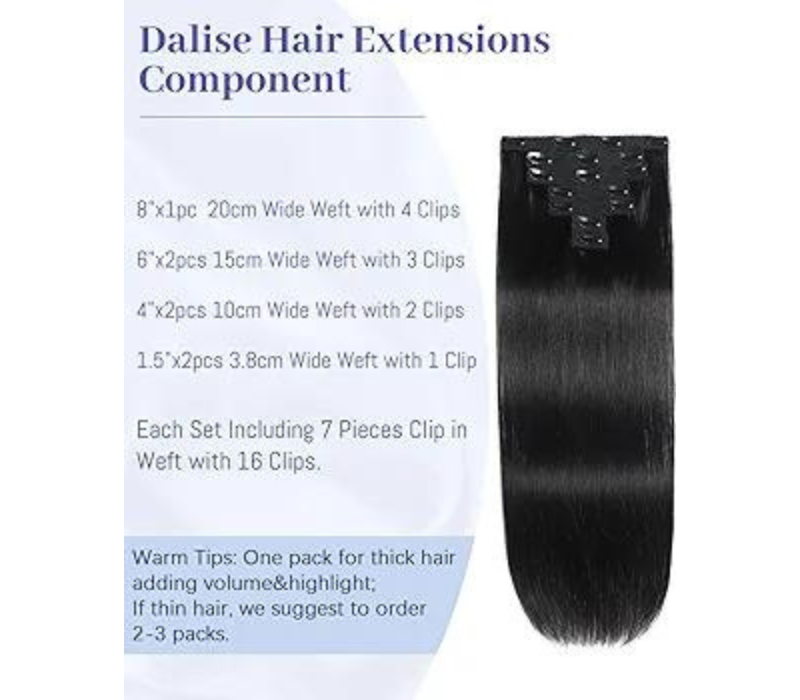 16 Clip In Human Hair Extension - Brazilian Remy, 7pcs, 120g, Natural Black